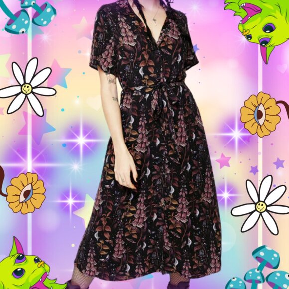 Disturbia Dark Gothic Florals Lightweight Button Up Maxi Dress With Pockets Belt - Picture 1 of 7